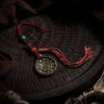 Handmade Tibetan Brass Nine Palace Bagua Pendant - Vintage Lotus & Zodiac Amulet with Tassel - Spiritual Feng Shui Protection Charm - Ethnic Necklace for Men Women - Yoga Meditation Gift