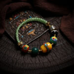 Handmade Tibetan Style Multi-Gemstone Beaded Bracelet - Vintage Green Jade & Dzi Bead with Brass Prayer Wheel Charm - Ethnic Boho Spiritual Jewelry - Yoga Meditation Gift for Women Men