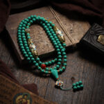 Handmade Tibetan Turquoise Mala Necklace - 108 Beads with Brass Inlay & Skull Charm - Vintage Ethnic Spiritual Jewelry - Yoga Meditation Prayer Beads for Men Women