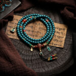 Handmade Tibetan Turquoise Mala Necklace - 108 Beads with Red Agate & Green Aventurine - Vintage Ethnic Spiritual Jewelry - Yoga Meditation Prayer Beads for Men Women